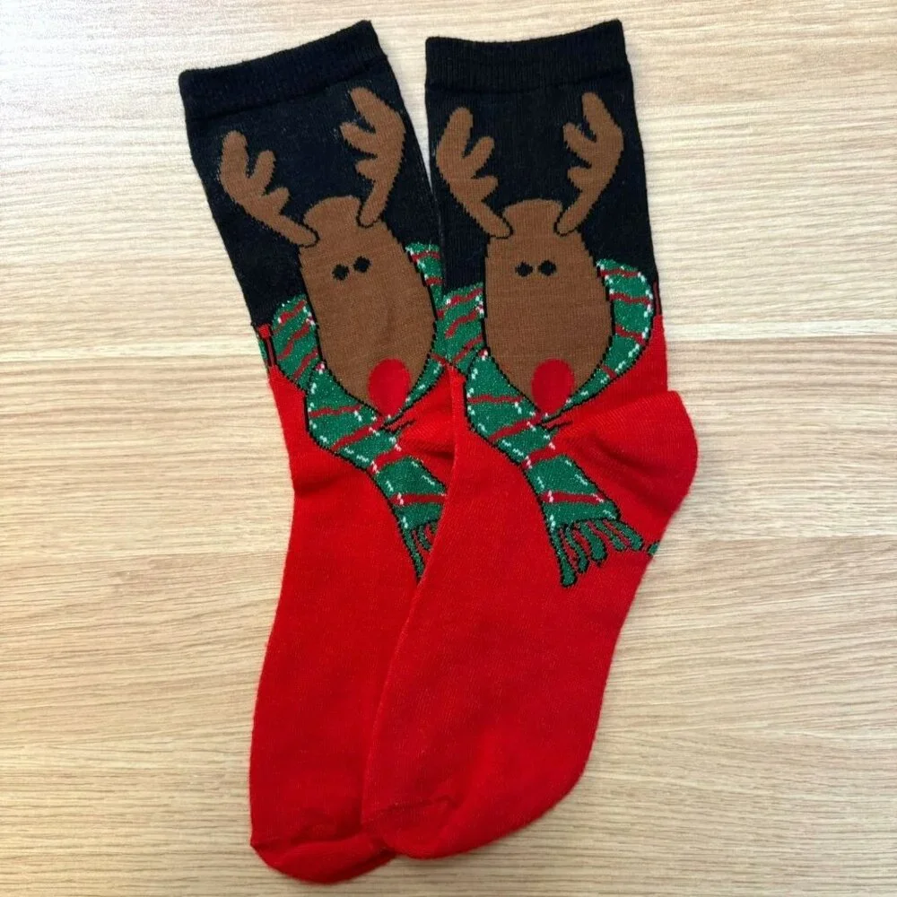 Holiday Reindeer Knit Socks Festive Glittery Scarf Design Christmas Red Black